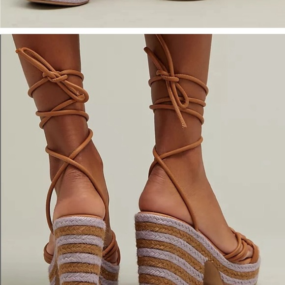 Anthropologie raffia  leather wrap platform heels in purple size 39 EU 8 US New - Picture 4 of 8